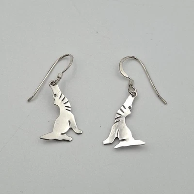 925 Sterling Silver Flat Polished Wolf Howling at the Moon Drop Dangle Earrings - Image 1 of 4