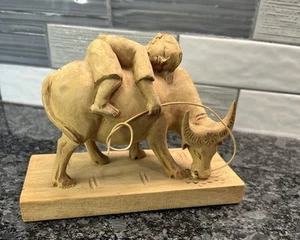 Hand Carved Wood with Boy Sleeping Riding Water Buffalo Ox Bull - Vtg Artisan - Picture 1 of 9