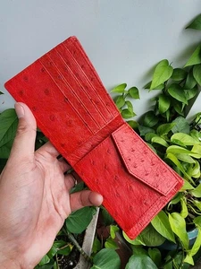 Red Doubeside Genuine ostrich Body Leather Skin Men's Bifold Wallet, Card Holder - Picture 1 of 10