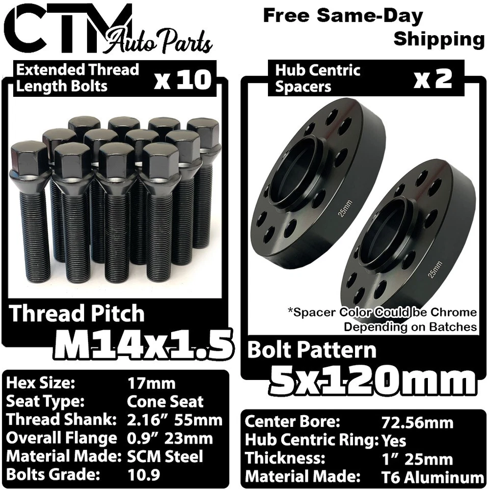 2x 25mm Thick 5x120 72.56mm C.B Wheel Spacer Black Bolt 14x1.5 BMW X3 X5 & More - Image 1 of 4