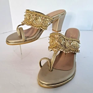Nidhi Bhandari Gold Kolhapuri Block Heels Toe Sandals Size 38 Sequins Beads US 8 - Picture 1 of 10
