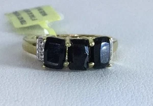 Size 5  Thai Black Spinel 3 Stone Ring 14K Yg Overlay Sterling Silver 3.10 Cts - Picture 1 of 6