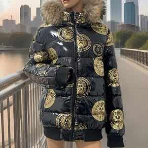 George V MEN PARIS PUFFER JACKET Black With Golden Logos And Studded Long Sleeve - Picture 1 of 14