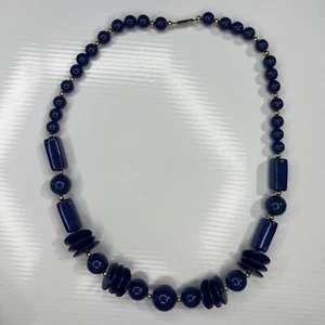 H7 Navy Blue Beaded Disks Gold Boho Hippie Mcm Mod Retro Necklace 24” - Picture 1 of 8
