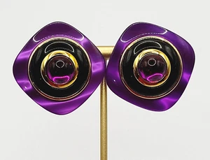 Retro Purple & Black Acrylic Glow Round Cabochon Dome Gold Tone Pierced Earrings - Picture 1 of 19