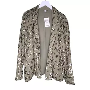 Lucky Brand Sequin Jacket XS/S Olive Green Open Front Pockets Lined Fairy Boho - Picture 1 of 8
