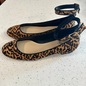 Vince Camuto Leopard Print Real Cow Hair Fur Ballet Flat Shoes Ankle Straps Sz 8 - Picture 1 of 12
