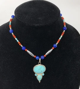 Handwerker Anhänger Halskette Sterlingsilber Türkis Edelstein Perlen - 15 Zoll - Bild 1 von 14