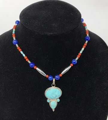 Artisan Pendant Necklace Sterling Silver Turquoise Gemstone Beaded - 15 inches - Image 1 of 4