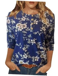 Womens Tops Casual 3/4 Sleeve Shirts Crew Neck Loose X-Large Blue White Floral - Picture 1 of 4