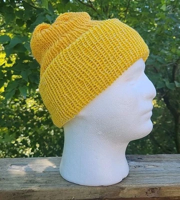 Thick Sunny Yellow 100% Alpaca Wool Hand Knit Handmade Beanie Hat - REVERSIBLE  - Image 1 of 4