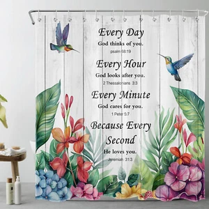 Floral Hummingbird Bible Verse Shower Curtain Polyester Fabric Bathroom Hooks - Picture 1 of 11