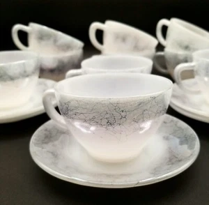 Vintage Federal Glass 10 Teacups & 5 Saucers Translucent Glass w/ Black Thread - Picture 1 of 6