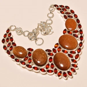Sparkling Goldstone Garnet Gemstone Silver Plated Necklace Jewelry 18" - Picture 1 of 1
