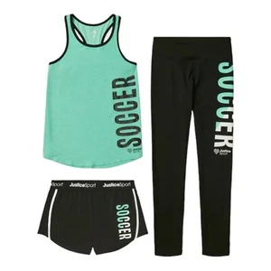 Justice Girls Set Green 10 Tank Top Shorts Leggings Soccer Sport Logo 3 Pieces - Picture 1 of 13