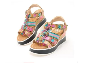 L'Artiste Women's Leather Platform Wedges Tan Floralbloom NIB sz 39 US 8.5 - Picture 1 of 1