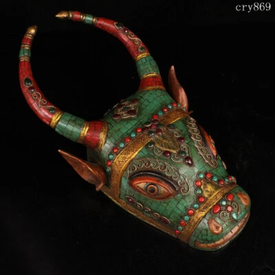 Templo Jokhang Tíbet antiguo cobre puro con incrustaciones de gemas estatua de cabeza de buey Foto 1 de 4