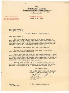 State Life Insurance Co Letter Depresión Loan Cordele GA 2 1933 Bishopville SC - Imagen 1 de 2