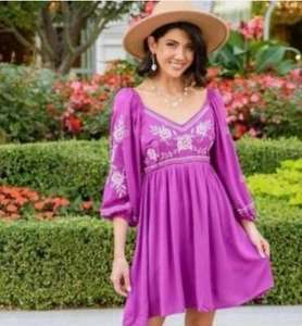 Savanna Jane Embroidered Floral Mini Dress, Purple, size Large - Picture 1 of 7