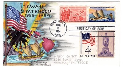 #2080 Hawaii Statehood Dorothy Knapp Hand Painted Cachet 1984 FDC Honolulu - Image 1 of 2