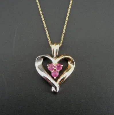 Necklace Gold Vermeil over Sterling Silver 925 Heart 3 Ruby Stones Pendant Chain - Image 1 of 4