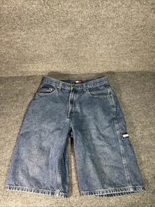 Vintage Y2K Tommy Hilfiger Flag Baggy Carpenter Cargo Blue Jean Shorts 32x12” - Picture 1 of 8