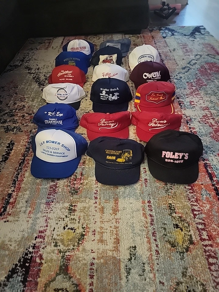 Лот из 20 винтажных шляп для рабочей одежды фермер/местный бизнес 80-е 90-е стиль дальнобойщика ретро - Изображение 1 из 4