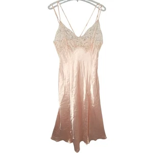 Vintage Victoria Secret Pink Lace Satin Long Strappy Side Slit Slip Dress - Picture 1 of 15