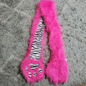 NWT Justice Girl's Winter Scarf Mittens Fuzzy MONSTER Hot Pink Zebra Faux Fur - Picture 1 of 6