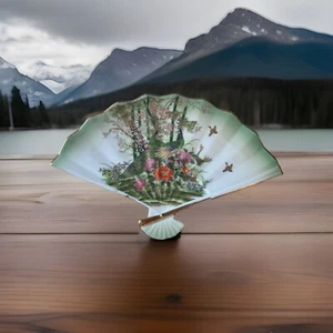Vtg MIDORI Hand Painted Porcelain Fan Dish Peacocks Gilded - Picture 1 of 10