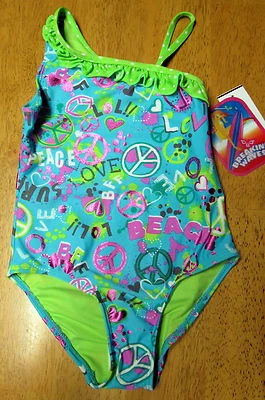 NWT BREAKING WAVES Green Blue LOVE PEACE One pc SWIM SUIT BATHING SUIT Size 6X - Image 1 of 2