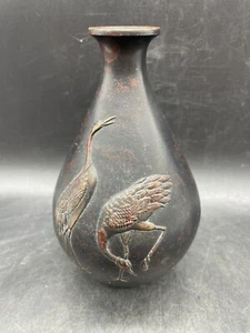 MEIJI BRONZE VASE WITH CRANES, MARKED HIROSHI - Picture 1 of 12