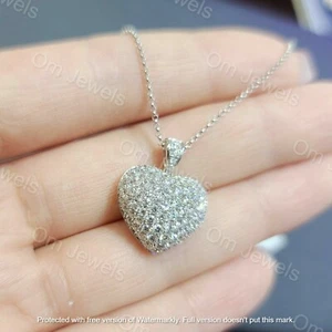 14K White Gold Finish 1.20Ct Round Cut Diamond Cluster Heart Pendant Free Chain - Picture 1 of 4