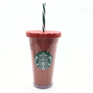 STARBUCKS RED GLITTER 16 OZ COLD CUP TUMBLER WITH GREEN WHITE CHRISTMAS STRAW - Picture 1 of 13