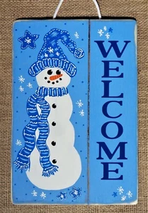 Distressed WELCOME SNOWMAN SIGN Wall Door Hanger Plaque Winter Christmas Decor - Picture 1 of 1