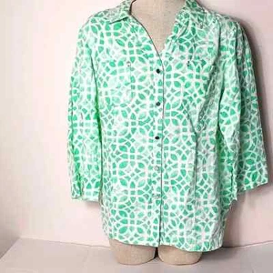 JM Collections Linen Button Down Top Size 14 Green White- 381 - Picture 1 of 6