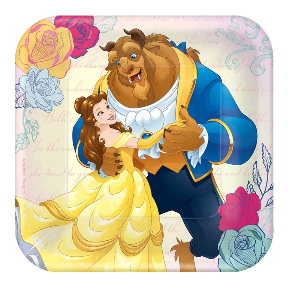Beauty And The Beast Square Lunch Dessert Cake Plates 8 Pack Birthday Girl Belle - Image 1 of 1