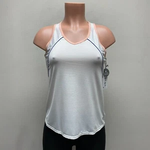 Lija Womens White Striped Peach Trim Stretch Active Sports Racerback Tank Top S - Picture 1 of 9