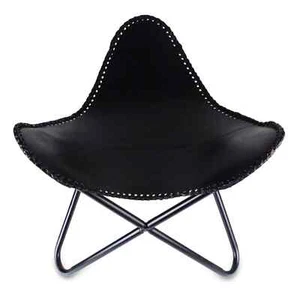 Handmade Black Leather Butterfly Chair Footstool Rest Butterfly Folding Stool - Picture 1 of 5