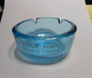 Vintage Blue Glass Ash Tray "Bert Huber Insurance "Independent-Mt.Carroll,IL