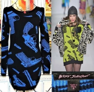 Vintage Betsey Johnson Y2K Black Blue Guns & Bullets Tunic Top Sweater Dress S - Image 1 of 4