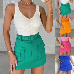 Women Ladies High Waisted Belted Cargo Pocket Skirts Summer Party Shorts Skirt% - Picture 1 of 25