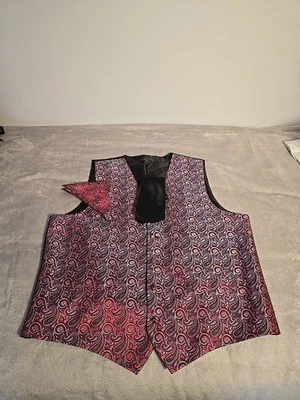 Mens Paisley Tuxedo Vest Set XL Red Black Formal Wedding Prom Waistcoat Tie 099 - Image 1 of 4