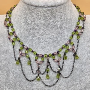 Vintage Crystal/Glass Beaded Chain Green Pink Purple Princess Statement Necklace - Picture 1 of 16