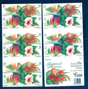 SFSTAMPS US Scott 3310-3313 TROPICAL FLOWERS Bklt Pane of 20 Stamps 33¢ MNH 1999 - Picture 1 of 1