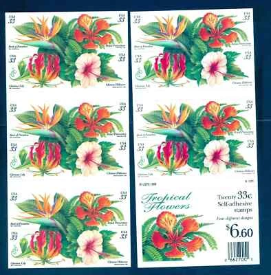 SFSTAMPS US Sc 3310-3313 TROPICAL FLOWERS Bklt Pane of 20 Stamps MNH 1999 Sealed - Image 1 of 2