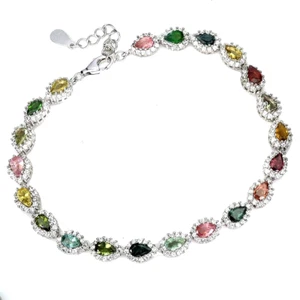 NATURAL MULTICOLOR TOURMALINE BRACELET W/WHITE CZ 925 STERLING SILVER 14KWGP 7.5 - Picture 1 of 2