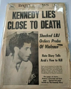 June 6, 1968 NY Daily News "Kennedy Lies Close to Death".  Over. w storage bag - Picture 1 of 4