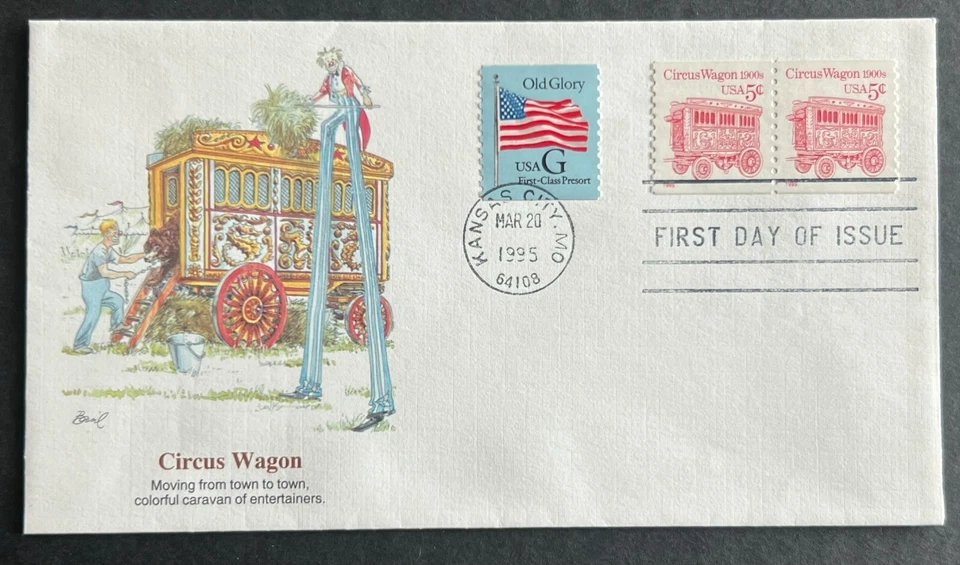 CIRCUS WAGON #2452 MAR 20 1995 KANSAS CITY MO FIRST DAY COVER (FDC) BX3-2 - Image 1 of 2