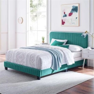 Modway Celine Channel Tufted Performance Velvet Twin Bed in Teal Green - Picture 1 of 8